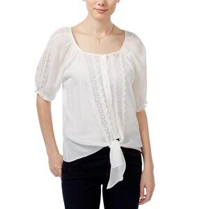 NWT BCX Juniors Lace-Trim Tie-Hem Peasant Top 1080F2K White L